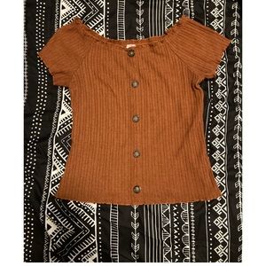 No Boundaries Brown Short Sleeve Ribbed Faux Button Down Top Size XL